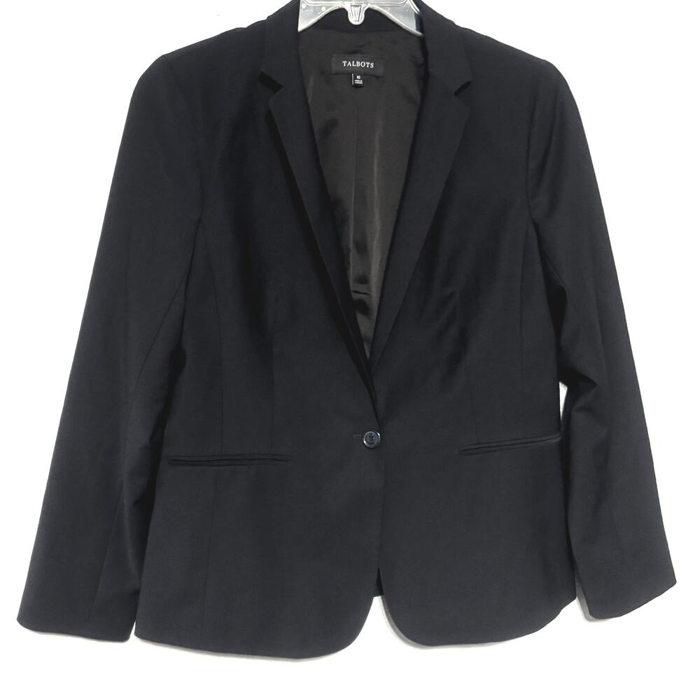 Talbots Black Wool Blazer Sz 10 Single Button Jacket‎ Striped cuff sleeves Chic - Picture 4 of 8